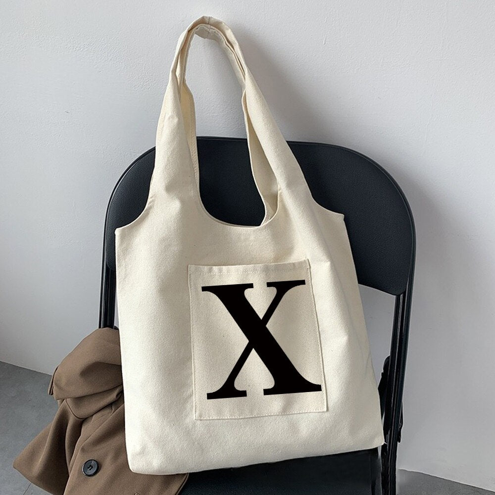 Women Fashion Shopping Bag Street Casual Hobo Commuter Bag Initial Name Graphic Print Beige Ladies Tote Bag Canvas Repeatable