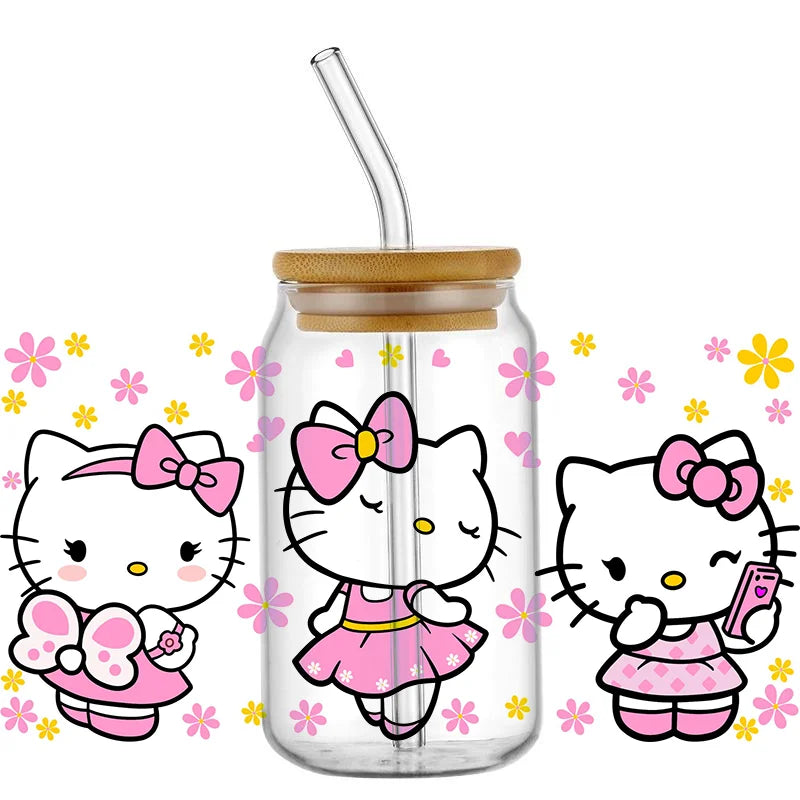 Miniso Cartoon cute cat For Libbey 16oz Can Glass 3D Waterproof UV DTF Coffee Can Wrap Libbey Glass Wrap