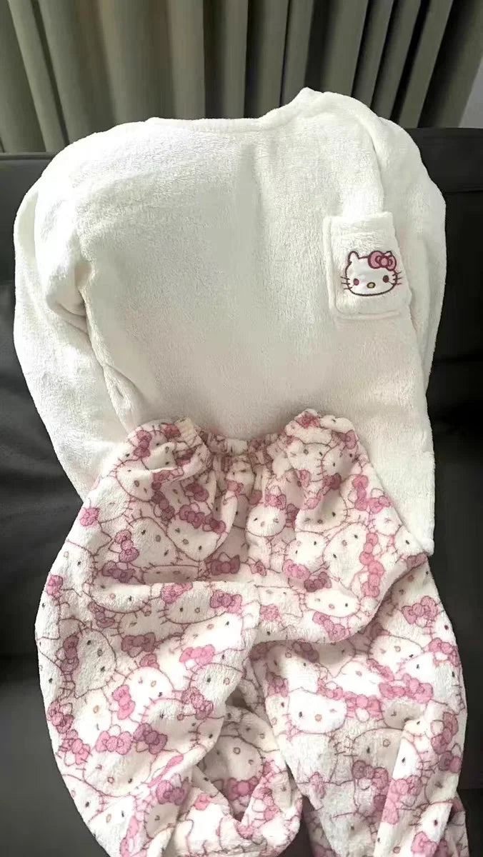 hot Sanrio Cartoon Japanese Hello Kitty Stuff Pajamas Female Flannel Winter The New Plus Thicken Velvet Sweet Keep Warm Pajamas
