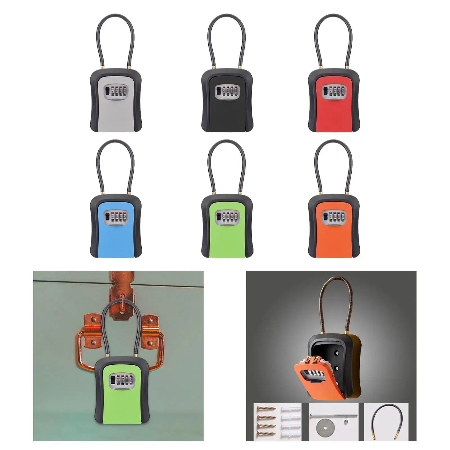 Box Key Security Box with 4 Digit Combination Steel Cable Shackle Weatherproof Portable for Door Knob or Car