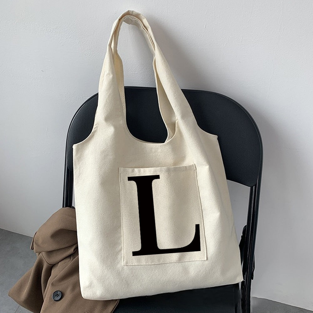 Women Fashion Shopping Bag Street Casual Hobo Commuter Bag Initial Name Graphic Print Beige Ladies Tote Bag Canvas Repeatable