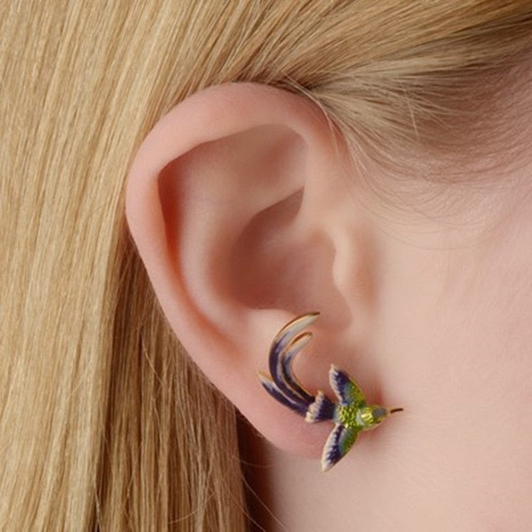 Cute Hummingbird Shape Oil Drop Earrings New Fashion Temperament Silver Needle Earrings Niche Design Green Purple Jewelry