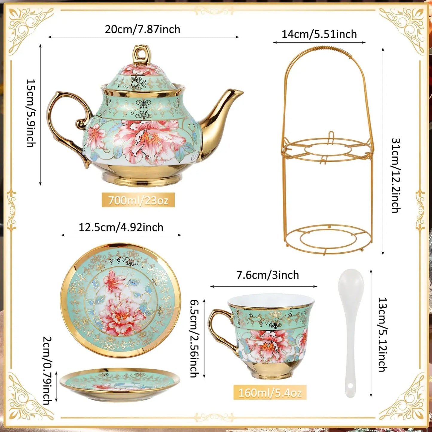 20 Pcs Porcelain Tea Set with Metal Holder Adult Ceramic Tea Party Set European Flower Tea Cup Saucer Set for Adult Women
