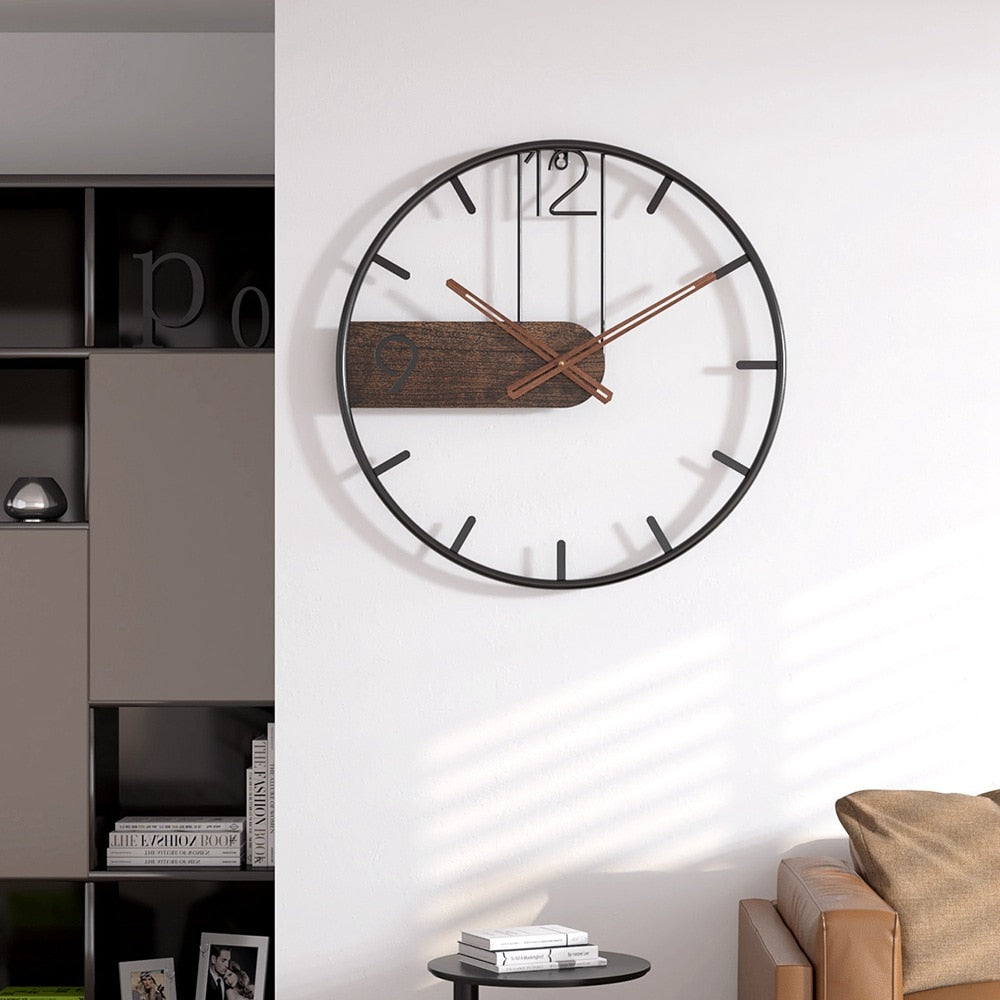 Iron Wall Clock Big Size 3D Nordic Metal Round Large Wall Watch Walnut Pionter Modern Clocks Decoration for Home Living Room