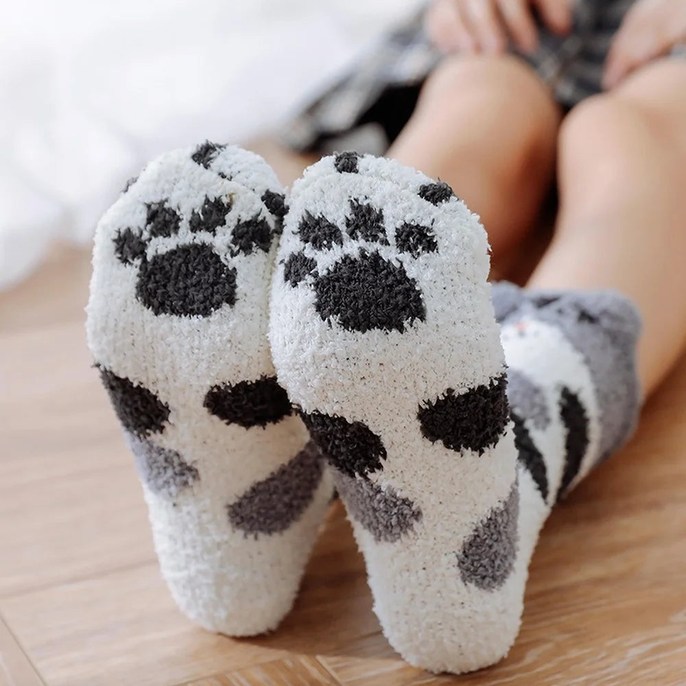5 Pairs New Three-dimensional Ear Embroidery Cat Claw Coral Fleece Socks Cartoon Cat Confinement Warm Women Sleeping Socks