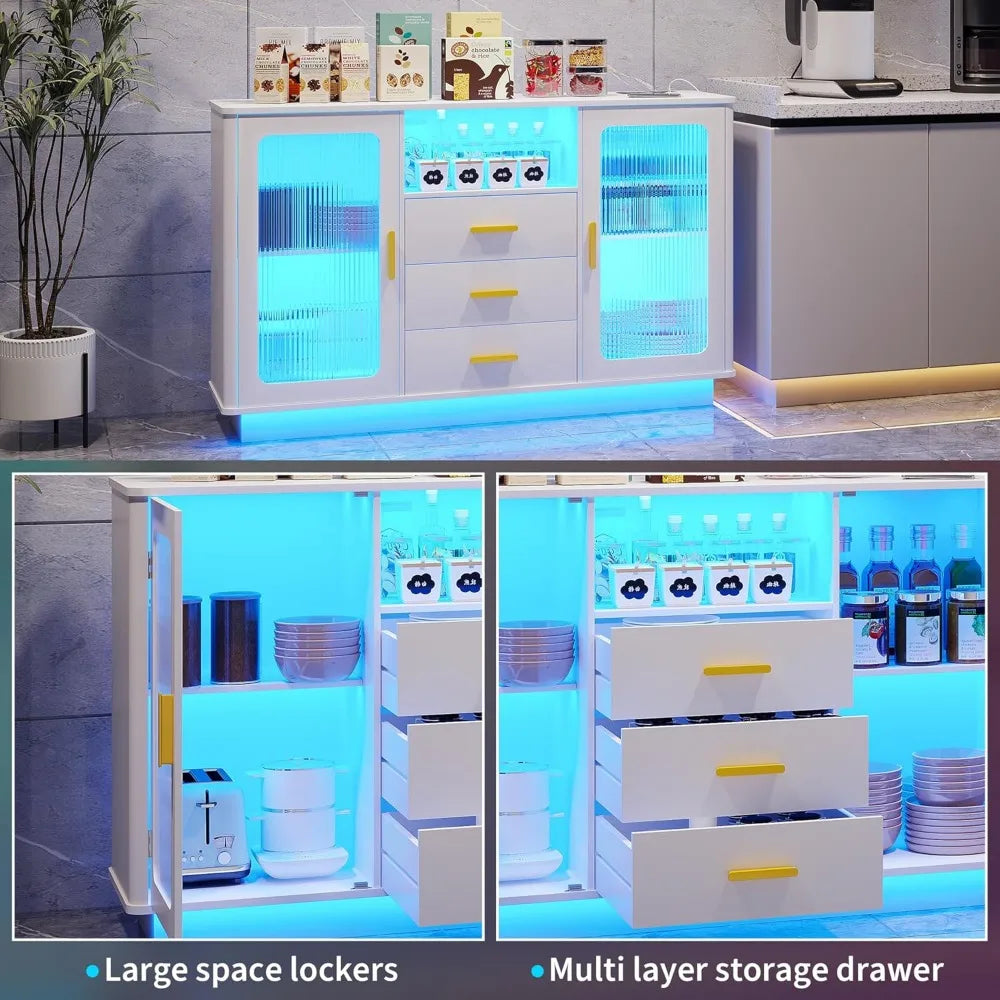 Modern Coffee Station with Motion Sensor, Home Coffee Nook Table for Dining Room, Kitchen Buffer Sideboard with Storage Cabinet