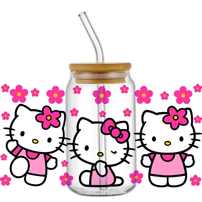 Miniso Cartoon cute cat For Libbey 16oz Can Glass 3D Waterproof UV DTF Coffee Can Wrap Libbey Glass Wrap