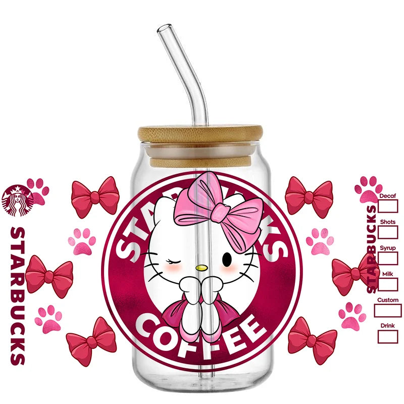 Miniso Cartoon cute cat For Libbey 16oz Can Glass 3D Waterproof UV DTF Coffee Can Wrap Libbey Glass Wrap