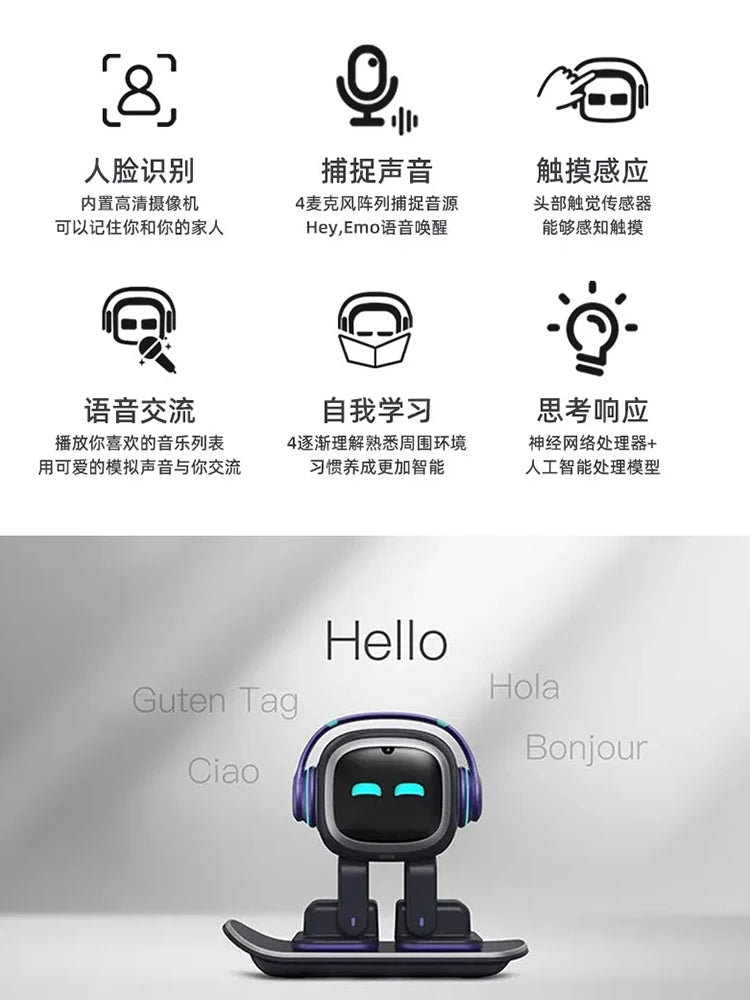 EMO robot toy desktop voice recognition, emotional AI communication, intelligent child companionship, interactive electronic pet