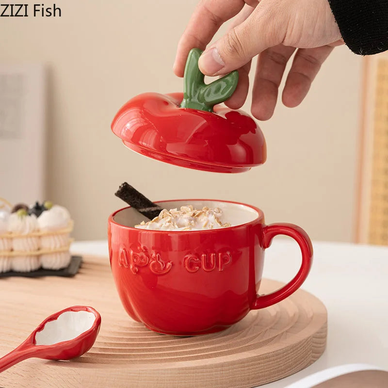 Ceramic Mug Cartoon Apple Fruit Shape Cover Band Tomato Coffee Cup Children's Breakfast Milk Mug Festivals Birthday Present