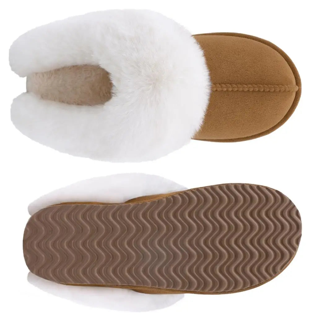 Comwarm Fashion Suede Fur Slippers For Women Winter Fluffy Faux Fur Collar Plush Home Slippers Indoor Outdoor Furry Cotton Slide