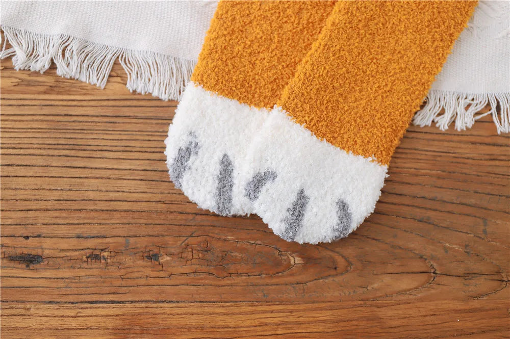 5 Pairs New Three-dimensional Ear Embroidery Cat Claw Coral Fleece Socks Cartoon Cat Confinement Warm Women Sleeping Socks