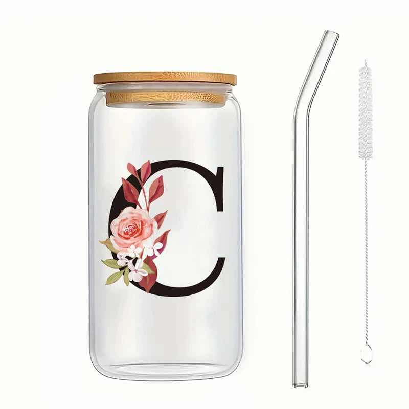 Alphabet Flowers Drinking Glass Letter A-Z Iced Coffee Water Juice Bottle Portable Clear Cup with Lid Straw Brush Birthday Gifts