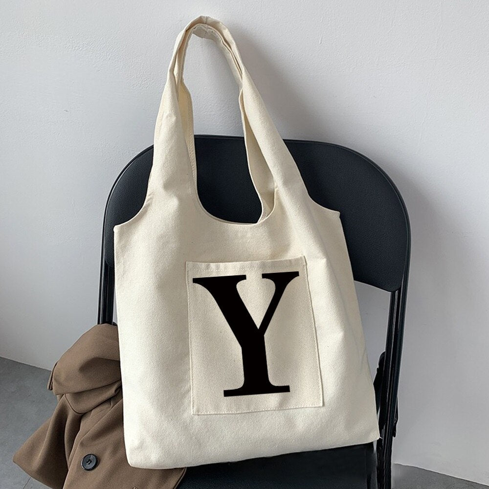 Women Fashion Shopping Bag Street Casual Hobo Commuter Bag Initial Name Graphic Print Beige Ladies Tote Bag Canvas Repeatable
