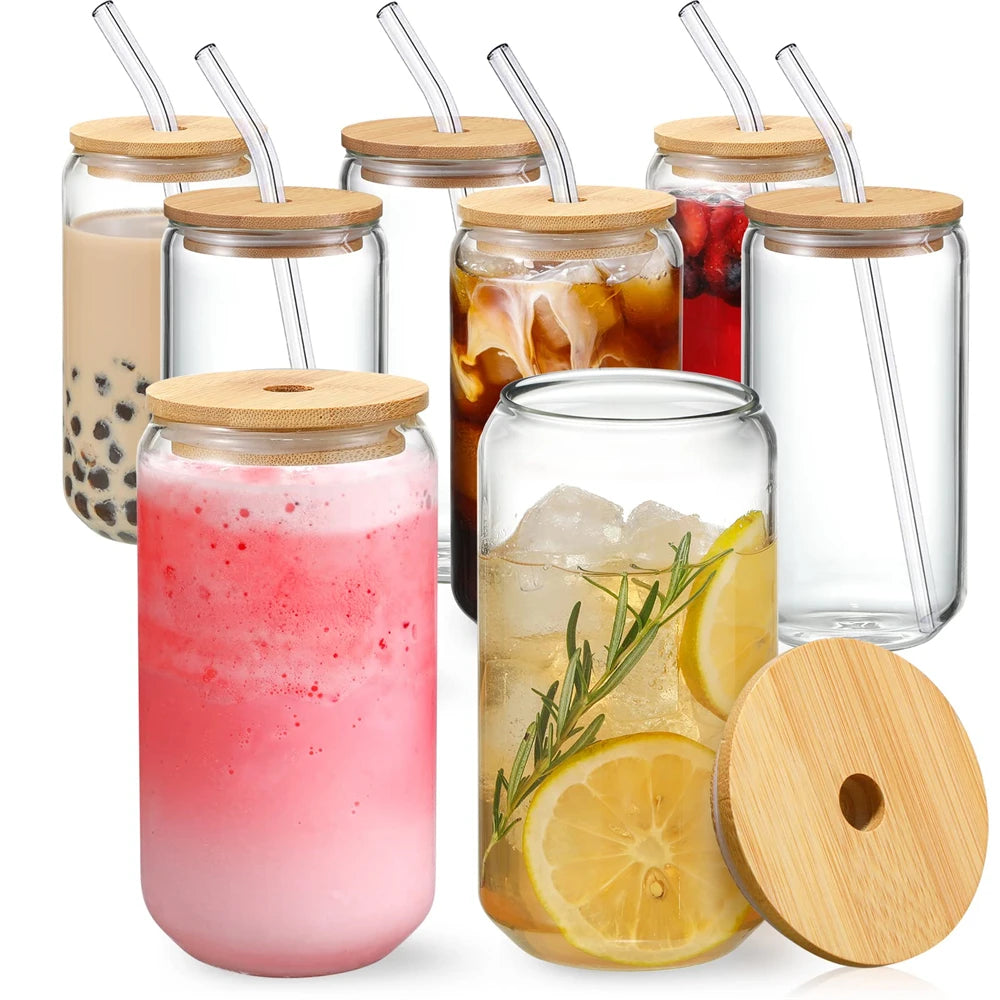 1/4/6pcs Set Glass Cup With Lid and Straw Juice Glass Beer Can Milk Mocha Cup Transparent Bubble Tea Cup High Borosilicate Glass