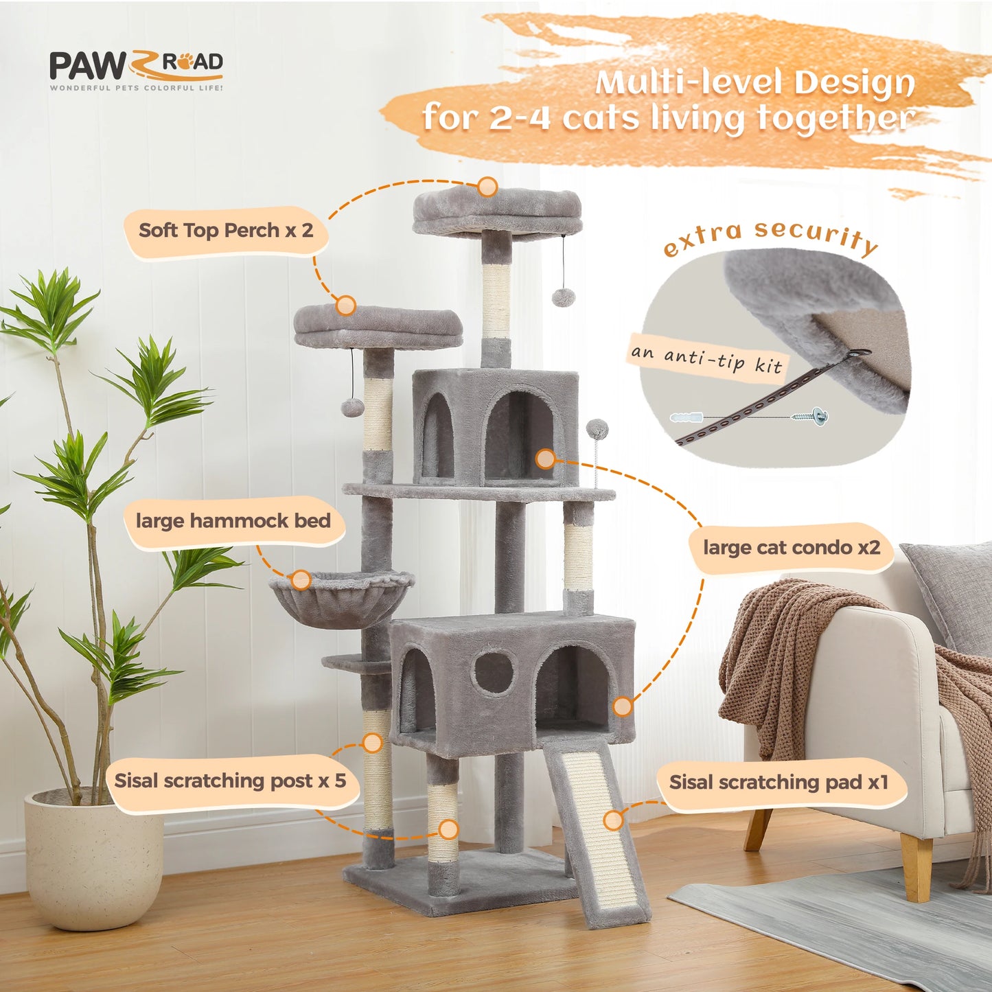 Free Shipping Multi-Level Cat Tree For Cats With Cozy Perches Stable Cat Climbing Frame Cat Scratch Board Toys Gray&Beige