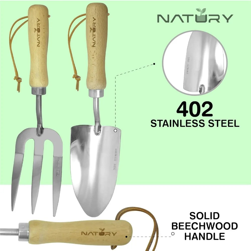 Garden Tools Set – Premium Stainless Steel Gardening Hand Tools with Solid Beechwood Handle – Gardening Kit with Rake, Shovel