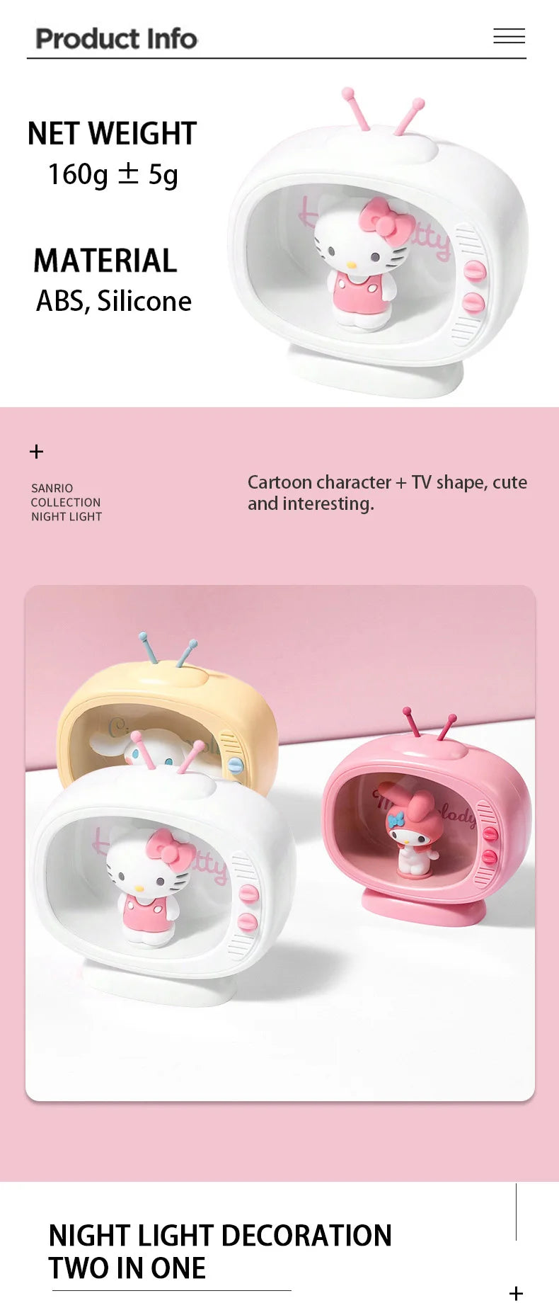 MINISO Sanrio Mini TV Nightlight Hello Kitty Sleep Light Kawaii Sleep Light Desktop TV Model Decoration Anime Collectible Dolls