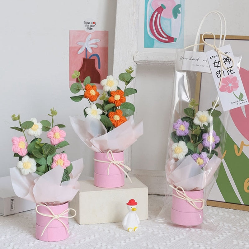 Colorful Crochet Flowers Bouquet Cotton Artificial Flowers Wedding Party Decors Ins Hand Woven Flowers Mother's Day Gift 꽃다발