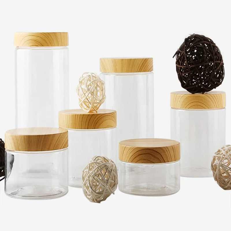100ml 200ml 300ml 500ml Empty Clear Pet Jars Containers With Imitation Wood Texture Lids Jar Home Plastic Seasoning Bottle