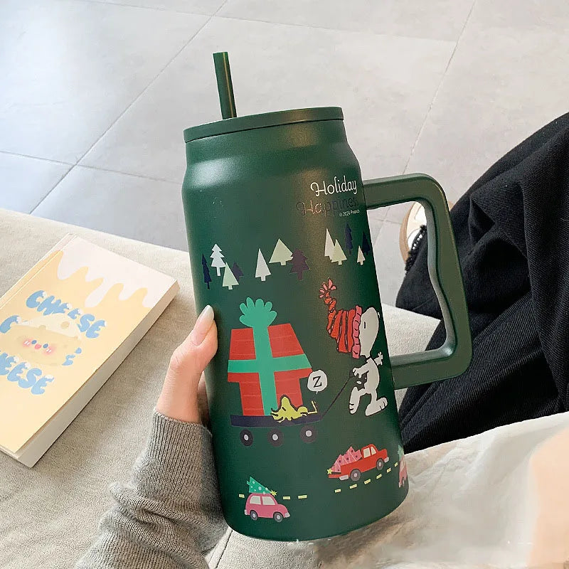 MINISO Snoopy Insulated Cup Large Capacity Straw Water Cup Black Portable Stainless Steel Cup Children'S Travel Cup