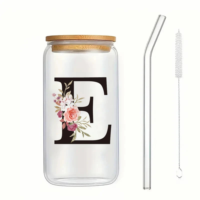 Alphabet Flowers Drinking Glass Letter A-Z Iced Coffee Water Juice Bottle Portable Clear Cup with Lid Straw Brush Birthday Gifts