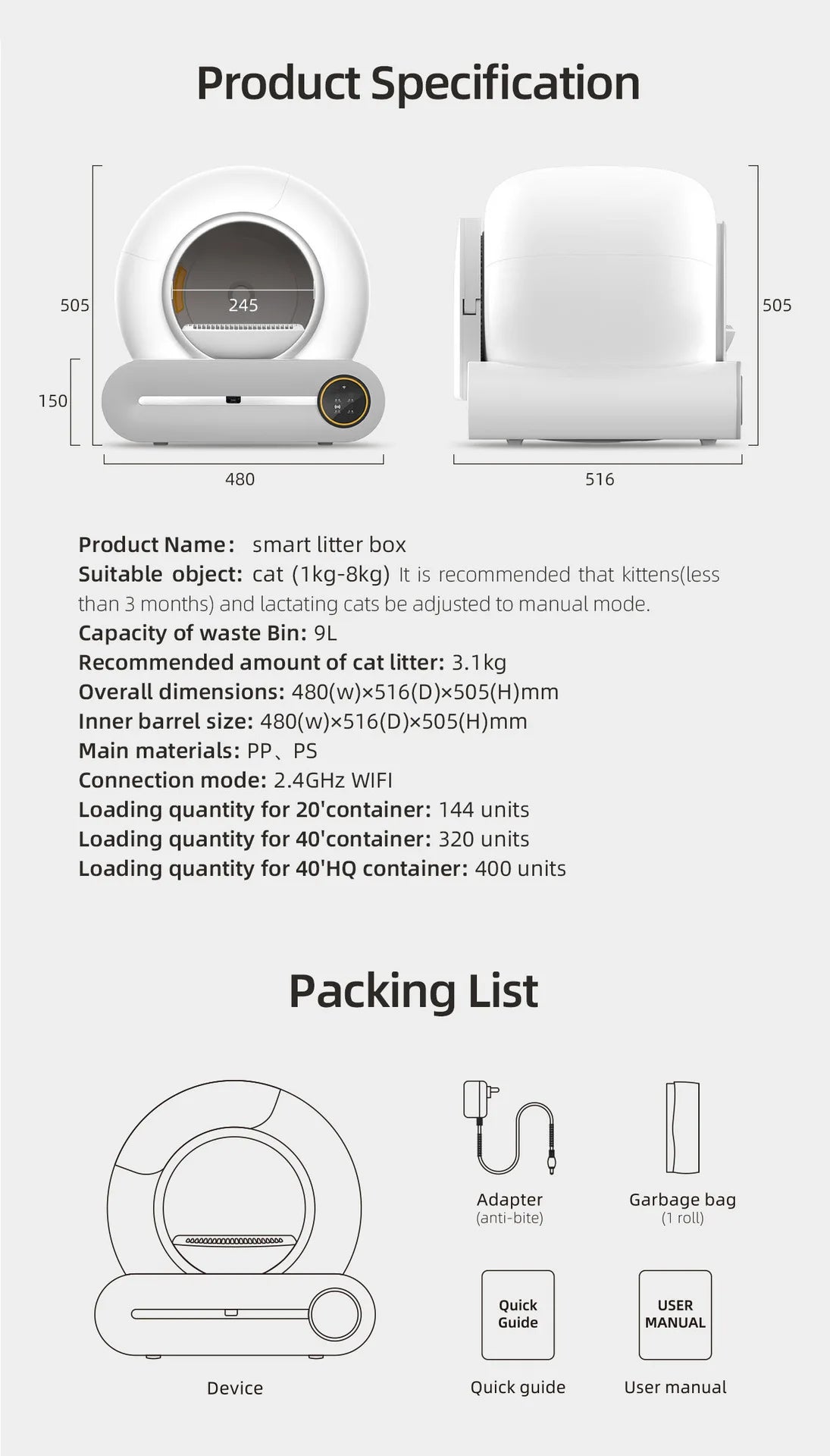 【English Version】Tonepie 65L Automatic Smart Cat Litter Box Self Cleaning Fully Enclosed Cat Litter Box Pet Toilet Litter Tray