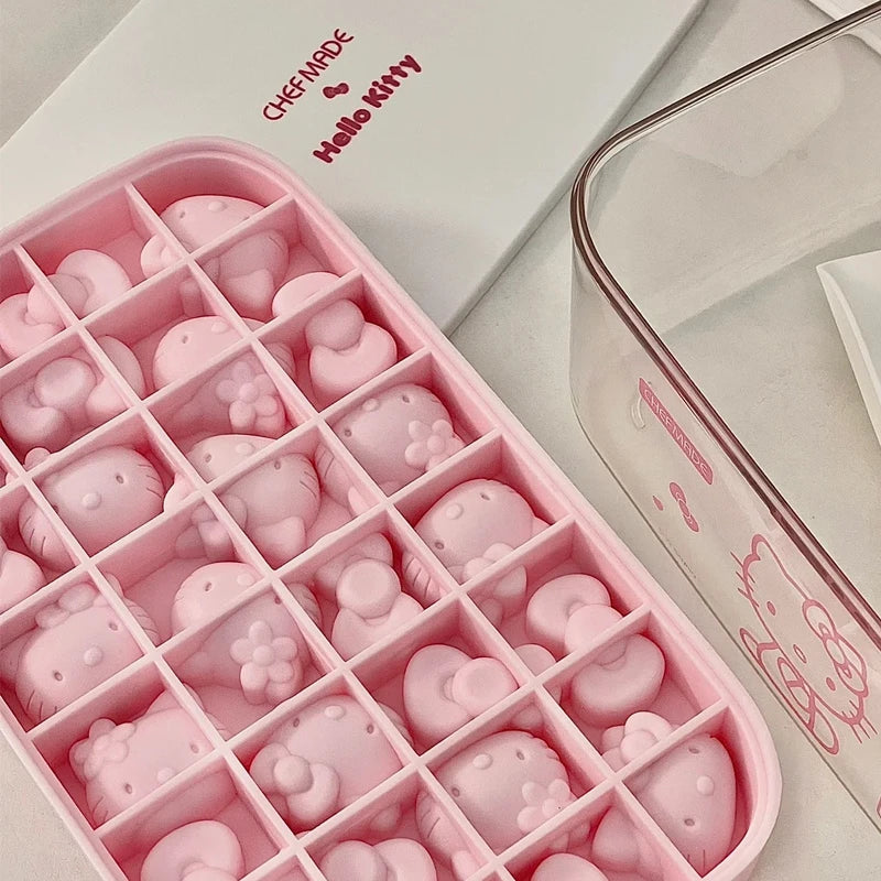 Kawaii Pink 3D Hello Kitty Silicone Press Ice Tray Mold Cute Charm Home Refrigerator Ice Storage Box Birthday Gift