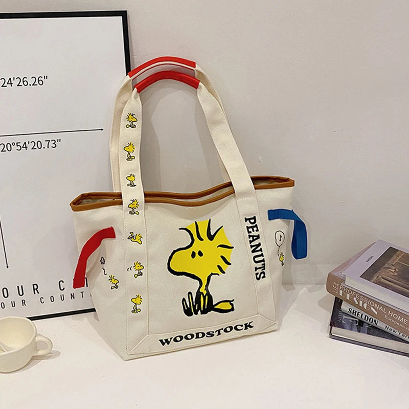 MINISO Disney Cartoon Snoopy Large Capacity Canvas Bag Student Handbag Shoulder Bag Cute Print Tote Bag