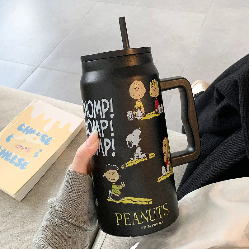 MINISO Snoopy Insulated Cup Large Capacity Straw Water Cup Black Portable Stainless Steel Cup Children'S Travel Cup