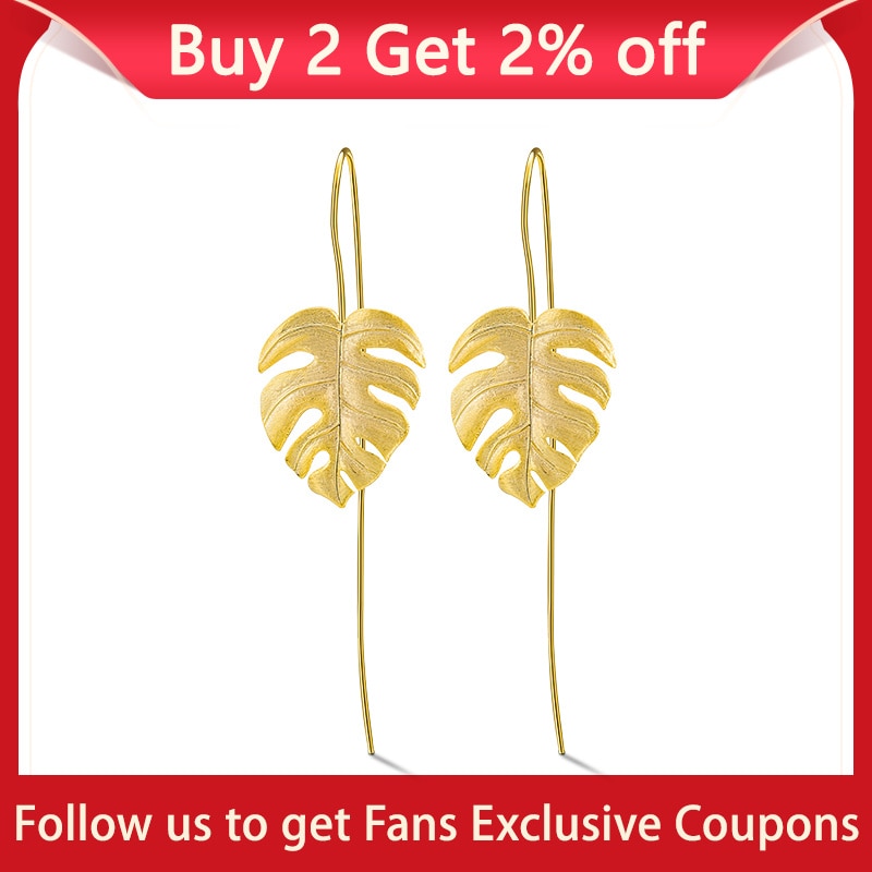 Lotus Fun Real 925 Sterling Silver Creative Handmade Design Fine Jewelry 18K Gold Monstera Leaves Drop Earrings for Women Bijoux
