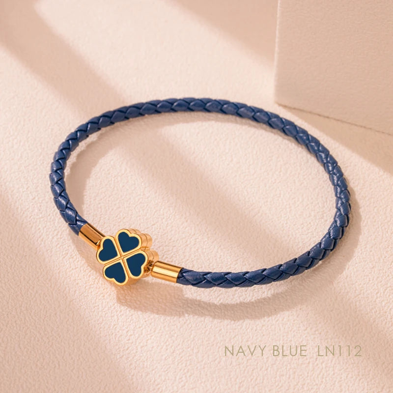Green Four-Leaf Clover Lucky Bracelet For Women Genuine Braided Leather Bracelet 9 Colors Birthday Party Jewelry ChiristmasGifts