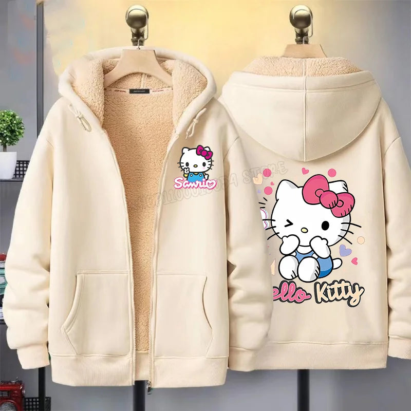 Hello Kitty Women Zip Up Hoodies Winter Fleece Hooded Sweatshirt Cute Cartoon Pullover Female Outerwear Sport Coat Streetwear