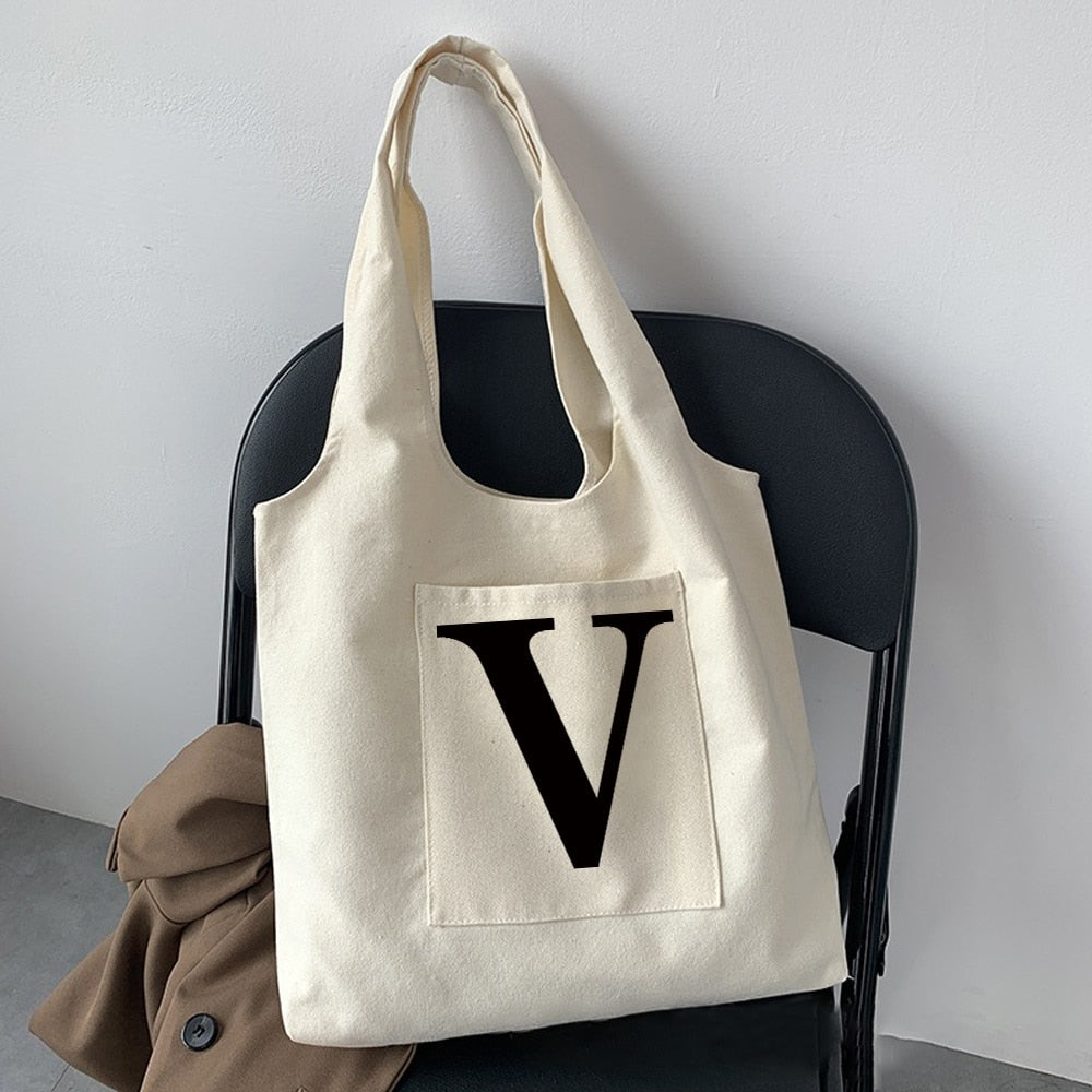 Women Fashion Shopping Bag Street Casual Hobo Commuter Bag Initial Name Graphic Print Beige Ladies Tote Bag Canvas Repeatable