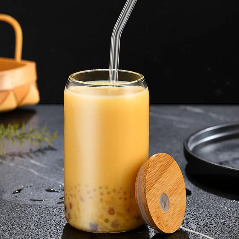 Multifunctional Bamboo Lid Glass, 16oz High Borosilicate Cola Cup, High Temperature Resistant Glass, Milk Tea Cup, Beverage Cup