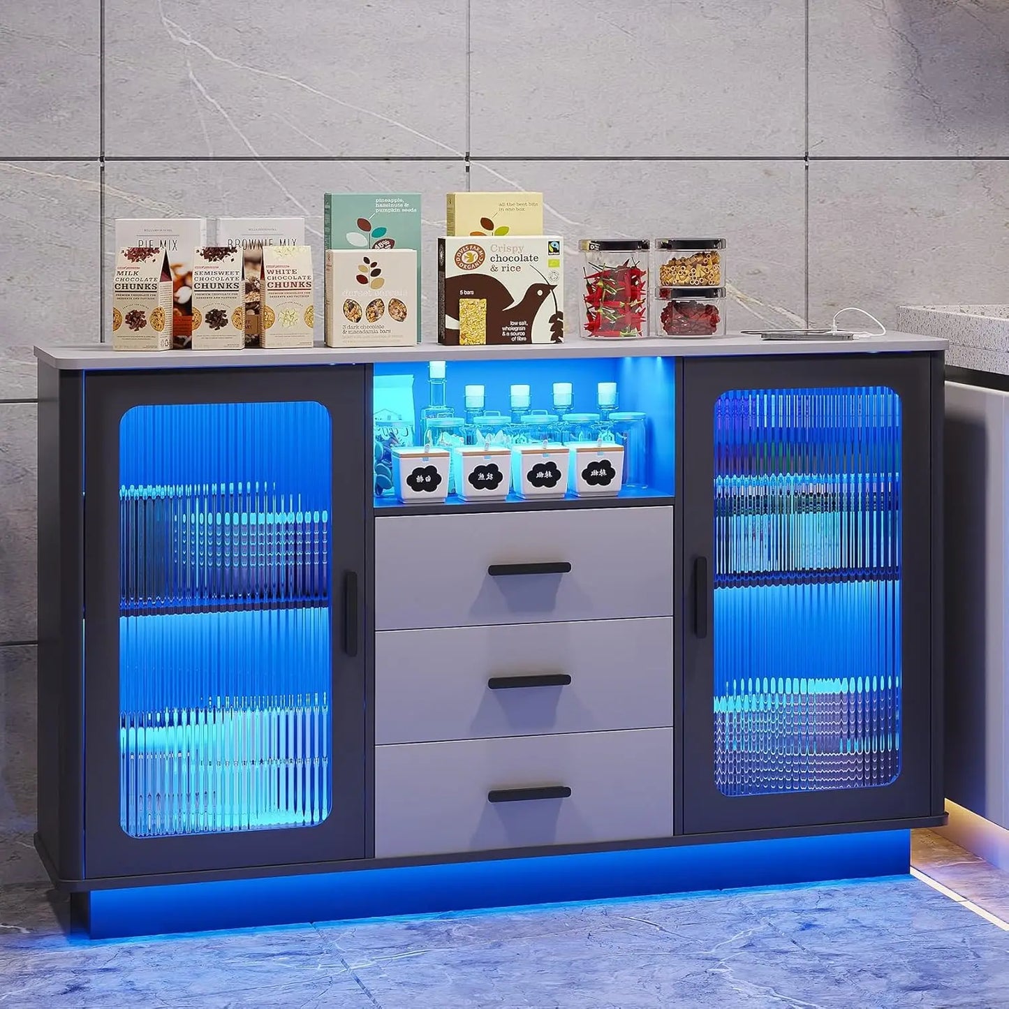 Modern Coffee Station with Motion Sensor, Home Coffee Nook Table for Dining Room, Kitchen Buffer Sideboard with Storage Cabinet