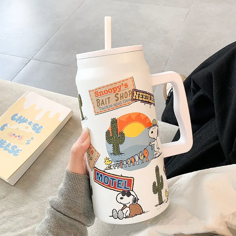 MINISO Snoopy Insulated Cup Large Capacity Straw Water Cup Black Portable Stainless Steel Cup Children'S Travel Cup
