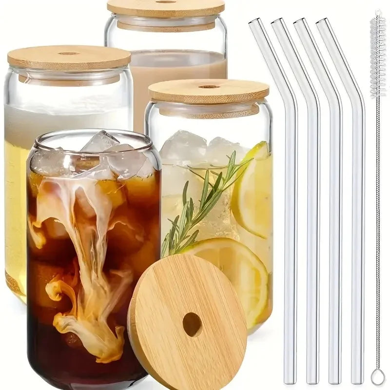 4/6 pieces, glass cup, 17.8 oz/550 ml glass with lid and straw, Mason jar water cup, iced coffee cup, glass cup with bamboo lid,