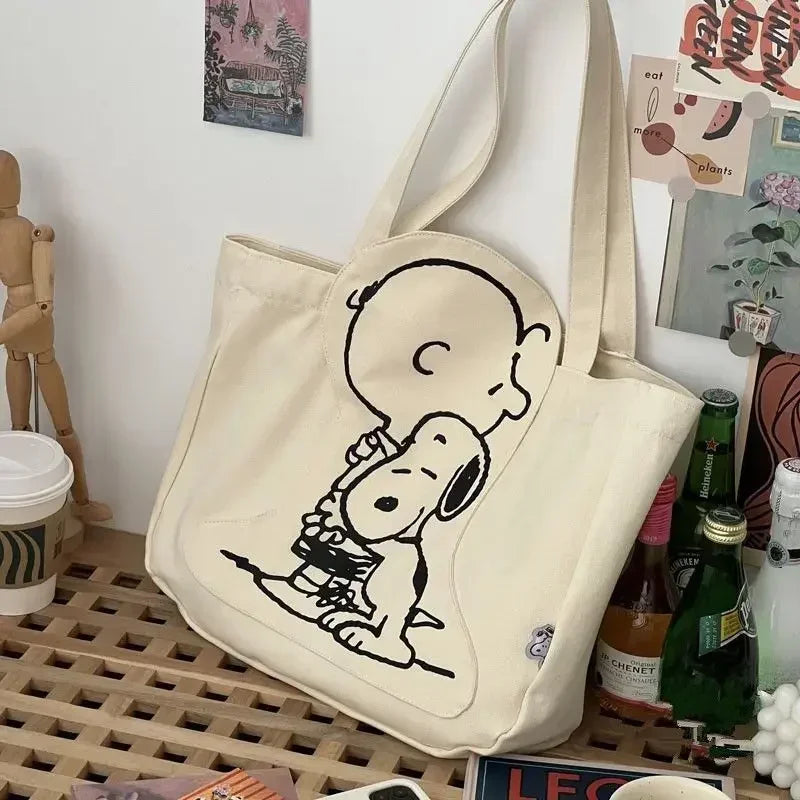 Miniso Snoopy anime kawaii y2k canvas bag shoulder cartoon cute zipper large capacity female student tutoring bag birthday gift