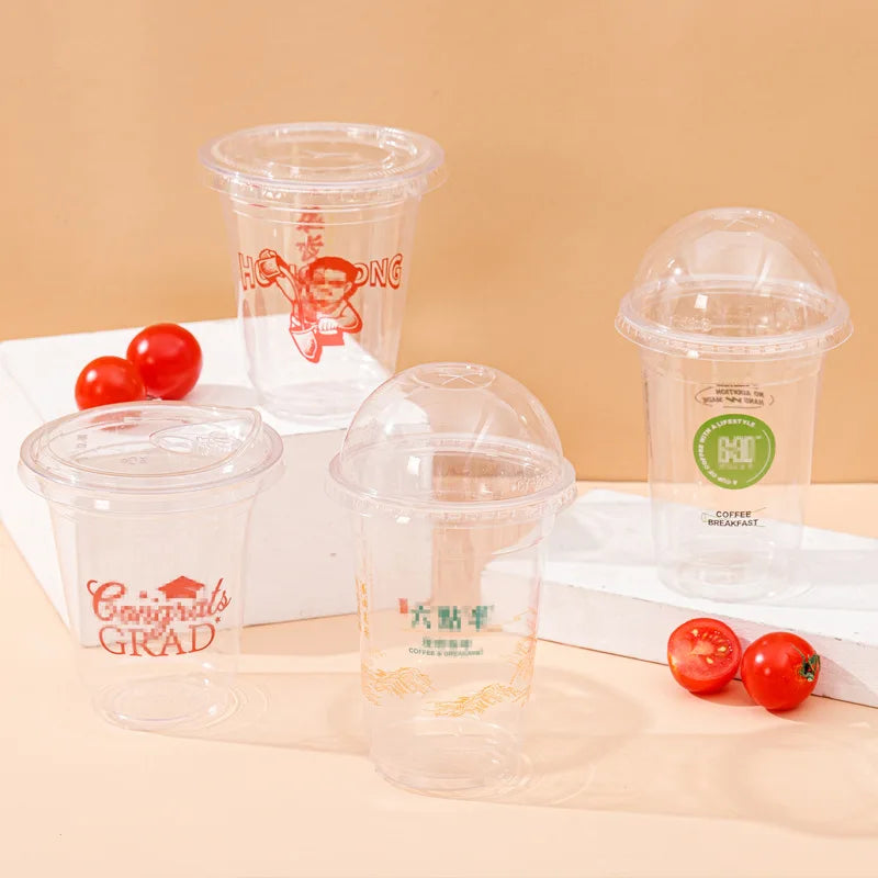 20/50PCS Transparent Milk Tea Cups with Lids Disposable Plastic Cups Fruit Juice Coffee Sand Ice Cream Beverage Containers party