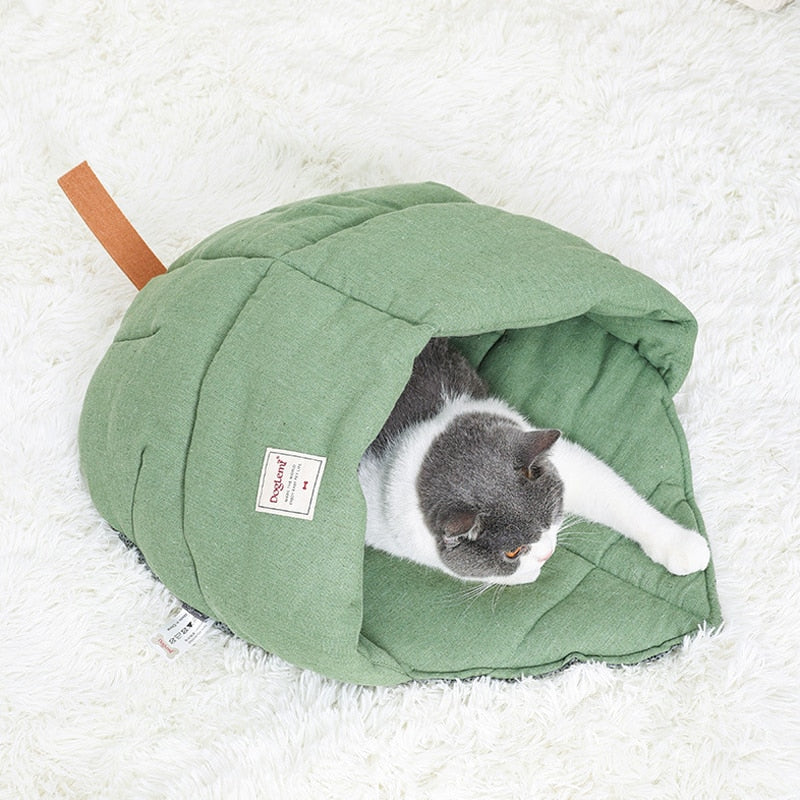 Cat Sleeping Bag, Linen Fabric Cat Bed Cave Leaf Nest, Soft Pet Bed with Non-Slip Bottom for Indoor Puppy and Kitten