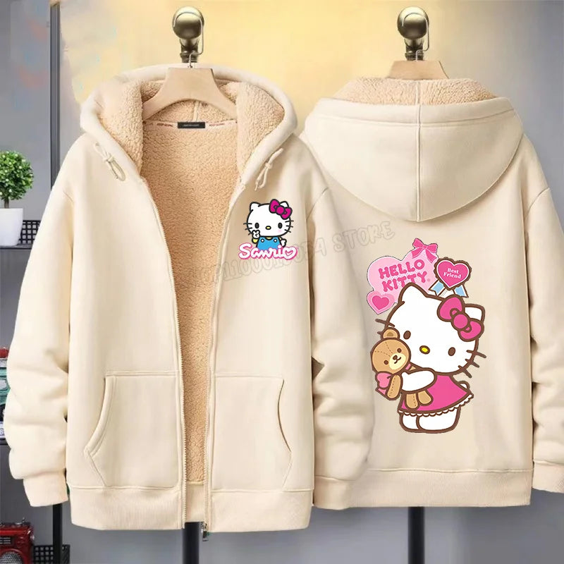 Hello Kitty Women Zip Up Hoodies Winter Fleece Hooded Sweatshirt Cute Cartoon Pullover Female Outerwear Sport Coat Streetwear
