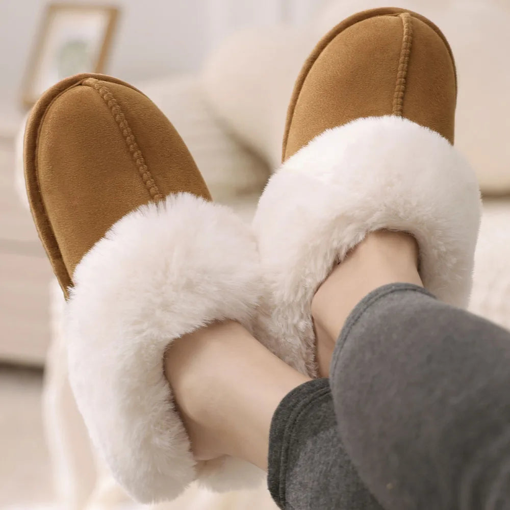 Comwarm Fashion Suede Fur Slippers For Women Winter Fluffy Faux Fur Collar Plush Home Slippers Indoor Outdoor Furry Cotton Slide