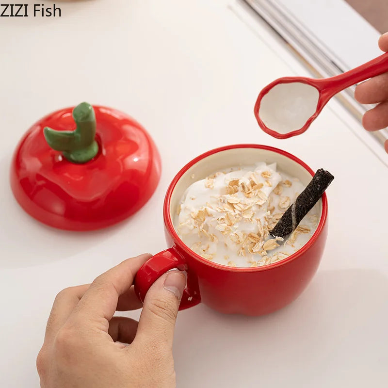 Ceramic Mug Cartoon Apple Fruit Shape Cover Band Tomato Coffee Cup Children's Breakfast Milk Mug Festivals Birthday Present