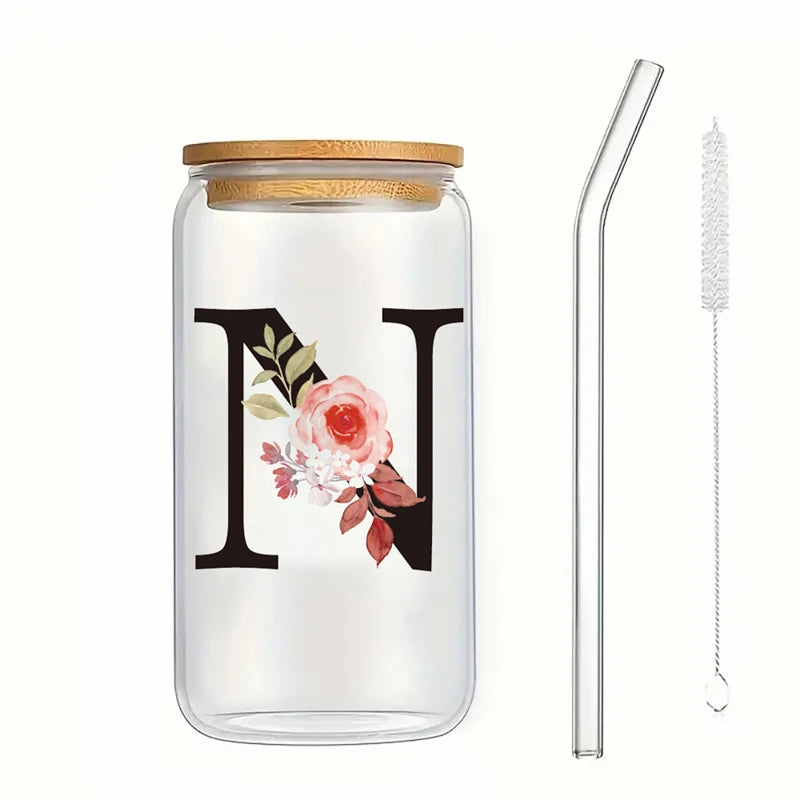 Alphabet Flowers Drinking Glass Letter A-Z Iced Coffee Water Juice Bottle Portable Clear Cup with Lid Straw Brush Birthday Gifts