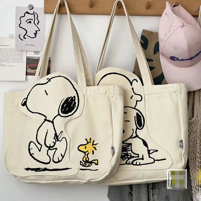 Miniso Snoopy anime kawaii y2k canvas bag shoulder cartoon cute zipper large capacity female student tutoring bag birthday gift