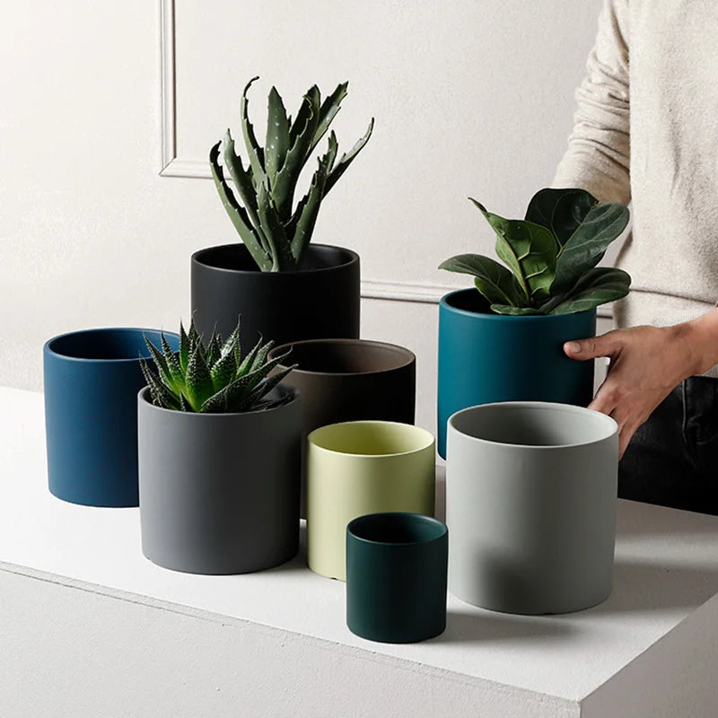 Flower Plant Pot Colorful Ceramic Flowerpot Nordic Style Succulent Planter Cylindrical Flower Pots With Hole Garden Decoration