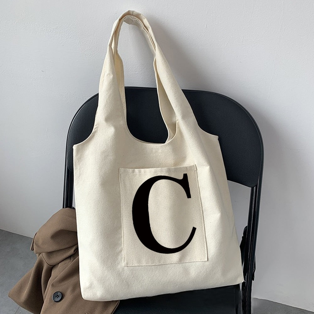 Women Fashion Shopping Bag Street Casual Hobo Commuter Bag Initial Name Graphic Print Beige Ladies Tote Bag Canvas Repeatable