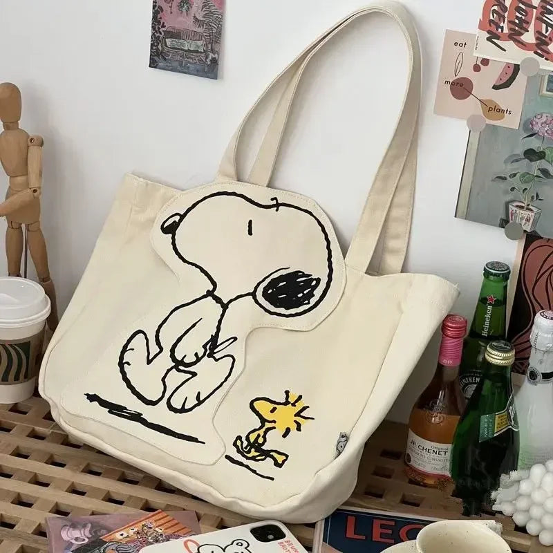 Miniso Snoopy anime kawaii y2k canvas bag shoulder cartoon cute zipper large capacity female student tutoring bag birthday gift