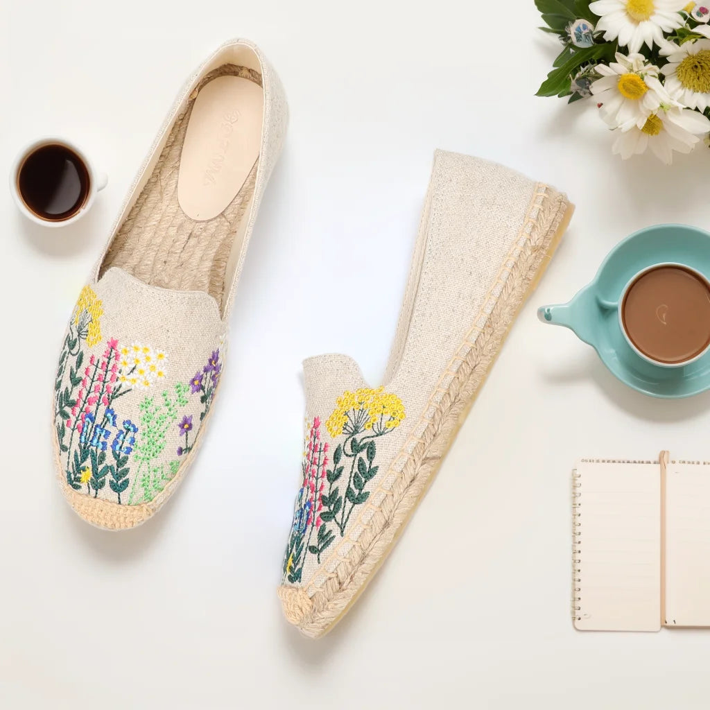 Espadrilles Women's Casual Flats Shoes with Embroidered Hemp Flat Platform, Round Toe Spring/Autumn Comfortable